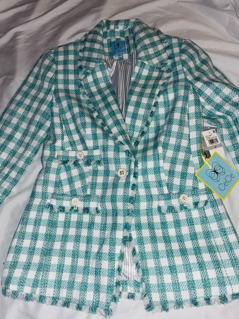 CeCe Teal & White Gingham Fringe Blazer NWT